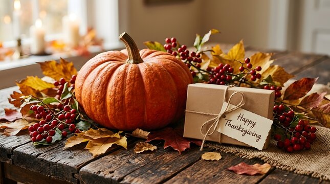 A warm and cozy thanksgiving still life featuring a vibrant pumpkin presents and autumnal decorations evoking feelings of gratitude and