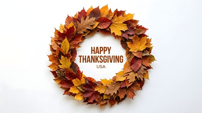 A beautiful thanksgiving wreath of autumn leaves creates a warm and welcoming atmosphere for a festive holiday celebration with family