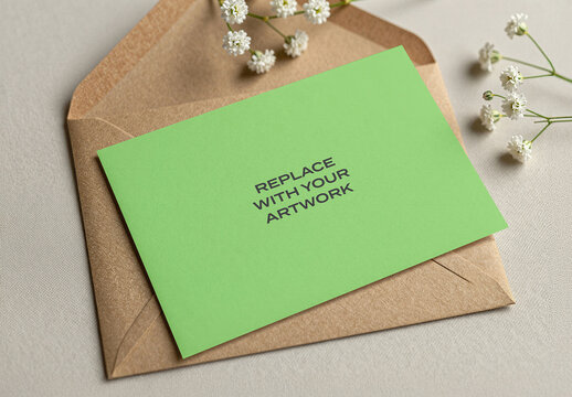 Stationery mockup with a card partially inserted into brown kraft envelope on textured surface, flat lay composition white flowers, realistic branding presentation, template