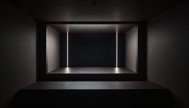 Minimalist dark modern interior room with glowing rectangular wall frame light