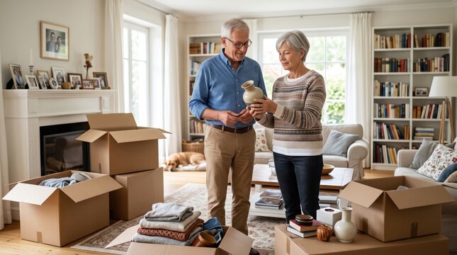 Retired couple sorts possessions before moving to smaller home, creating clear downsizing concept about retirement, practical choices and simplifying daily life together.