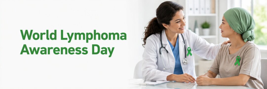 Woman doctor supporting female lymphoma patient during World Lymphoma Awareness Day. Green ribbon symbol, compassionate healthcare consultation, cancer treatment and patient support concept