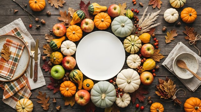 A beautifully arranged thanksgiving table setting featuring pumpkins apples and autumnal colors ready for a festive feast with loved ones