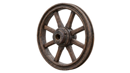 A rustic antique wooden wagon wheel with iron hub, ideal for historical, western, and country themed designs. © Massivein2Passive
