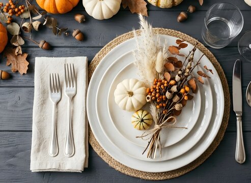 A beautifully set thanksgiving table with elegant plates silverware and autumnal decorations evoking warmth and gratitude for the harvest season