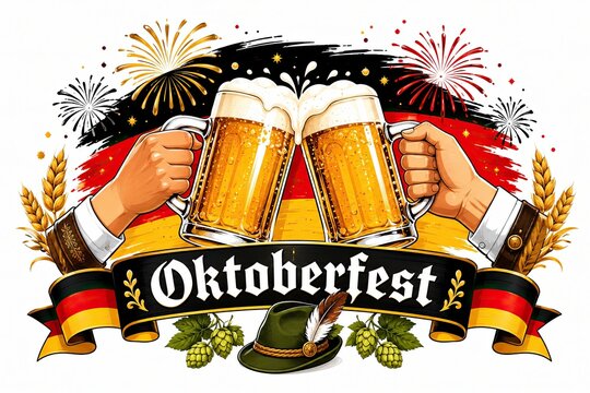 Two hands holding beer mugs for a festive oktoberfest celebration with german colors