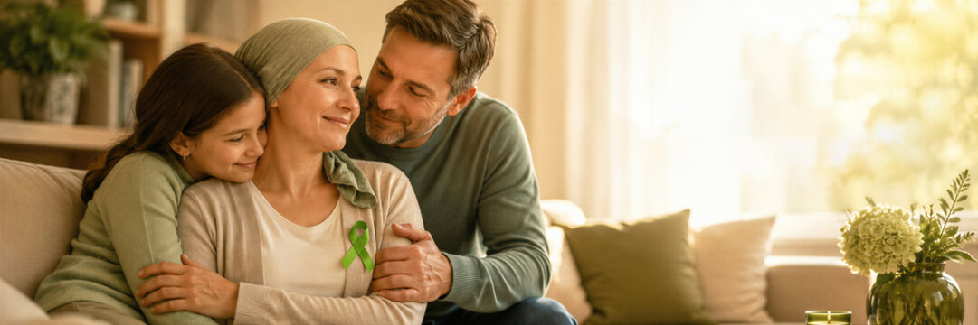 Woman with cancer wearing green awareness ribbon embraced by daughter and husband at home. Family support, lymphoma awareness, treatment journey, hope and emotional healthcare. Banner with copy space