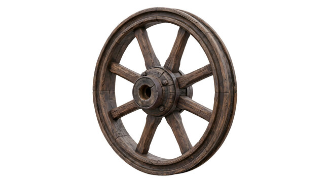A rustic antique wooden wagon wheel with iron hub, ideal for historical, western, and country themed designs.