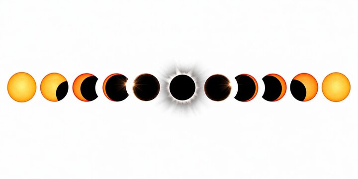 Full sequence of a solar eclipse showing the sun being covered by the moon phases