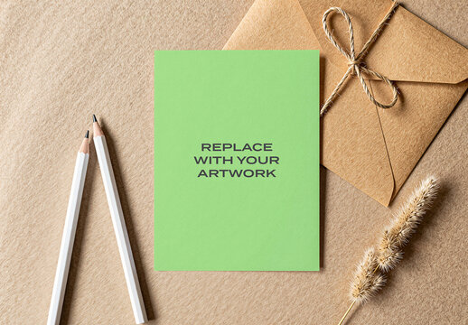 Vertical card mockup with text placeholder displayed on a textured brown surface alongside kraft envelope tied twine, white pencils, and dried grass, stationery branding presentation template