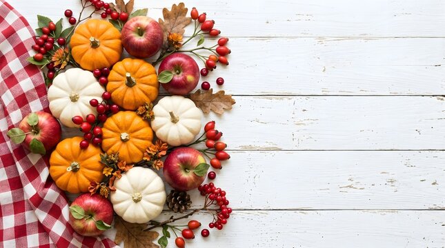 A festive thanksgiving still life pumpkins pomegranates and autumn leaves on a red and white checkered cloth with a wooden