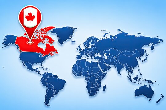 Canada country highlighted on a blue world map with a red location pin icon