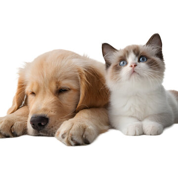 Sleeping golden puppy and blue eyed kitten lying down together on png.