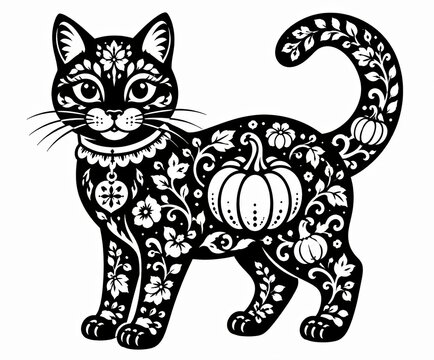 Black and white patterned cat illustration with autumn pumpkin and floral details