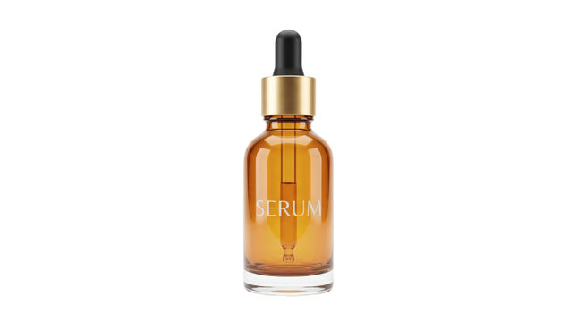 Amber glass cosmetic serum bottle with dropper isolated PNG on white background