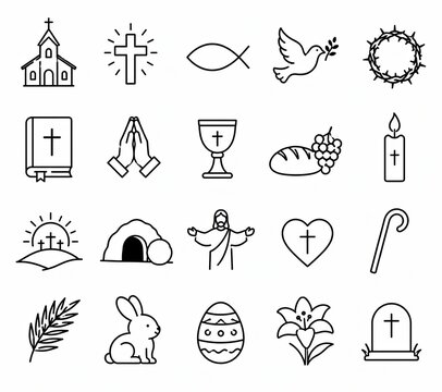 Set of simple black line icons about religion and christian symbols on white background