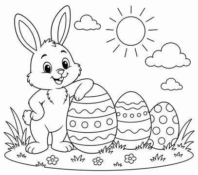 Cute easter bunny rabbit sitting with decorated painted eggs in a sunny spring day