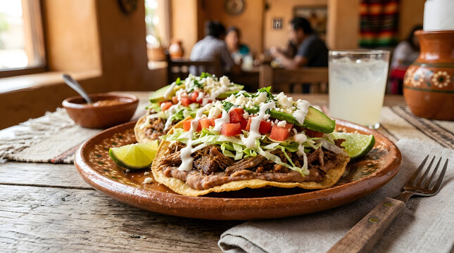 Mexican tostadas topped with refried beans, shredded lettuce, seasoned meat, tomato, avocado, cheese.