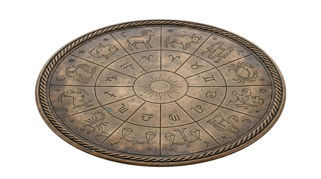 An ancient round bronze zodiac calendar with astrological symbols and a sun in the center, for spiritual and mystic designs.