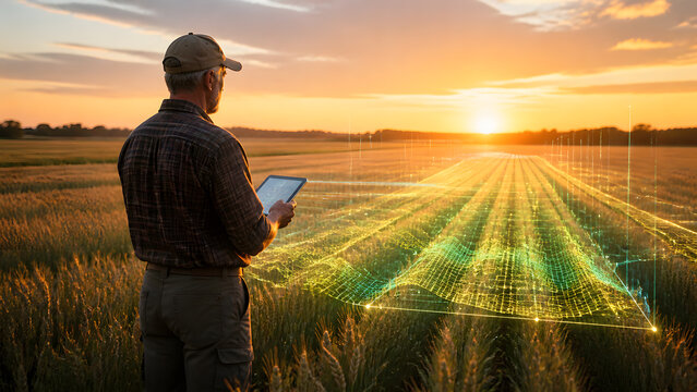Farmer using tablet with holographic crop grid overlay standing in golden wheat field at sunset