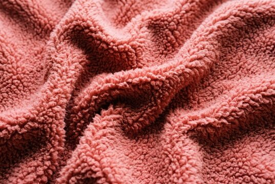 Close-up of Soft Pink Sherpa Fleece Fabric Texture with Folds and Ripples for Cozy Winter Background