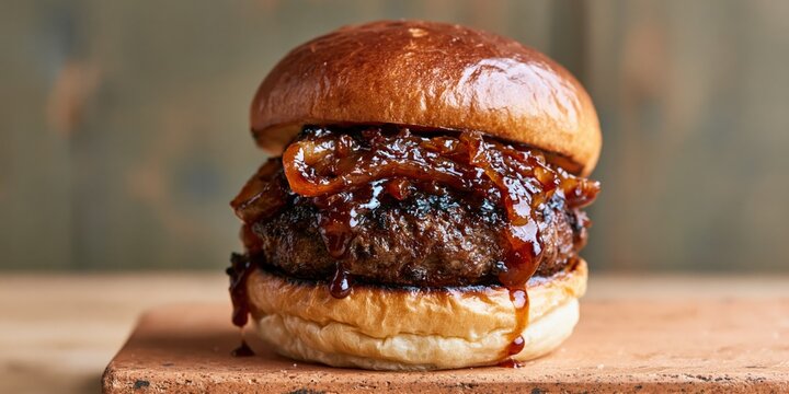 Gourmet beef burger with caramelized onions and glossy sauce on toasted brioche bun for menu banner and food background and restaurant display