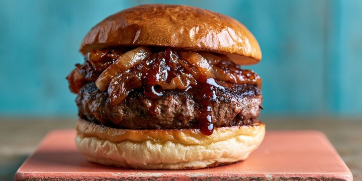 Thick grilled beef burger topped with caramelized onions and glossy barbecue glaze for menu layouts and food packaging design