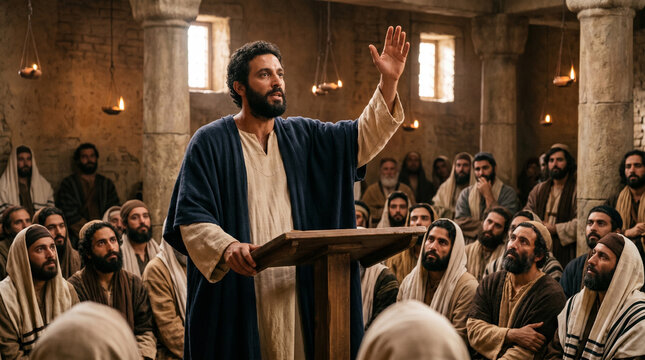 Low angle of Saul addressing synagogue congregation with passion and authority, biblical scene. medium shot from low angle looking up at Saul addressing the synagogue congregation, his face showing 