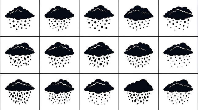 Silhouette Grid of Storm Clouds Dropping Hail Stones on White Background
