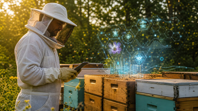 Beekeeper wearing protective suit checking hive health with holographic hexagon data display near apiary outdoors