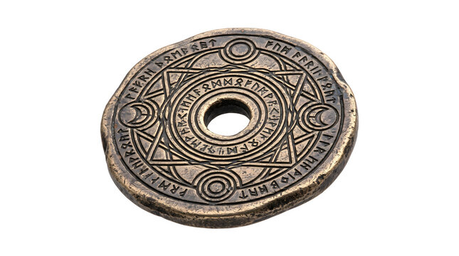 Ancient bronze amulet with mysterious symbols and runic inscriptions, used for mystical rituals and protection.