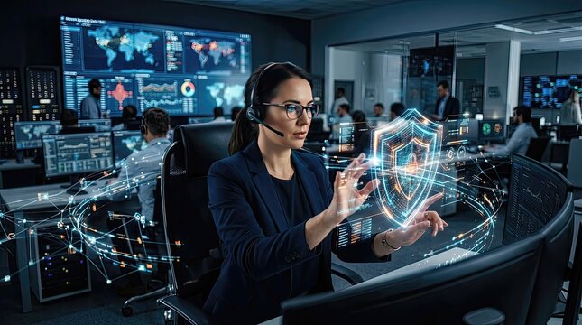 IT Security Experts Monitoring Cyber Threats and Data Protection Systems in a High-Tech Control Room