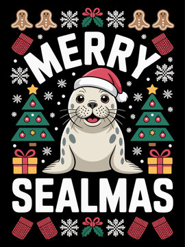 a smiling seal in a Santa hat surrounded by festive holiday elements. The playful &ldquo;Merry Sealmas&rdquo; pun