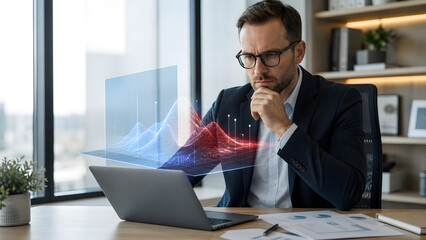 Obraz premium Serious businessman carefully analyzes blue and red holographic data terrain chart above office laptop desk