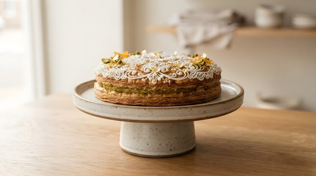 Artisanal pastry on ceramic pede in gourmet kitchen clean