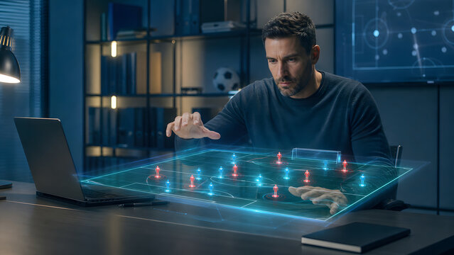 Man analyzing holographic soccer tactic board with player marker at modern office desk during evening session