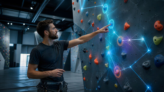 Athlete climber analyzing holographic connected node point on indoor climbing wall during training session today