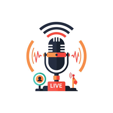 Live stream podcasting flat vector illustration with professional microphone and signal waves