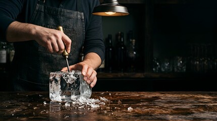 Obraz premium Bartender carving block of ice on display counter in clean