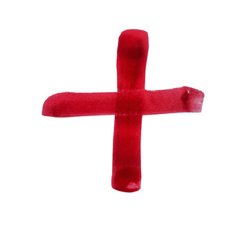 A simple red plus sign symbol painted with watercolor texture for creative design and artistic projects