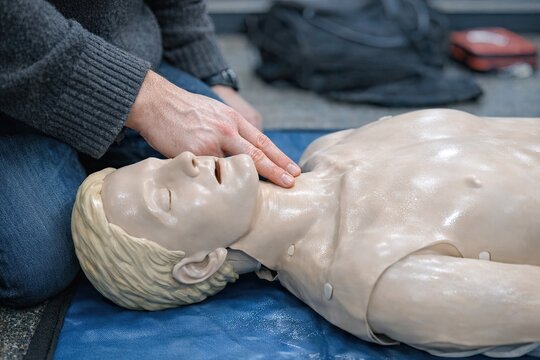 A person gently touches a dummy on a blue mat, a pose for demonstration or testing