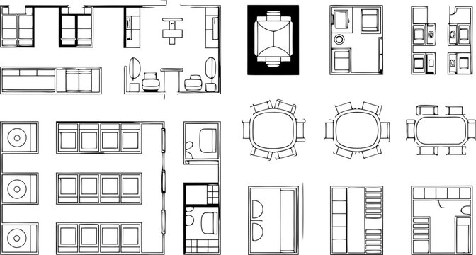 Architectural floor plan library with furniture layouts and room plans