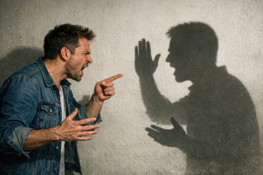 A man stands against a light source, casting a long shadow on the wall