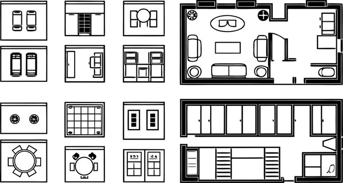 Architectural floor plan library with furniture symbols and layouts