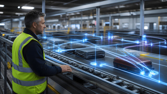 Airport worker monitoring luggage on conveyor belt with augmented reality tracking system overlay inside terminal warehouse