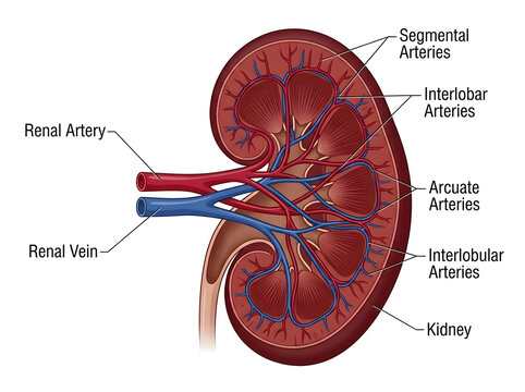 Anatomical diagram of kidney with blood vessels labeled isolated on white background