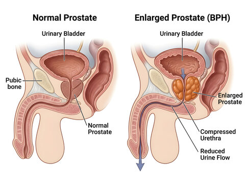 Comparison of normal and enlarged prostate anatomy illustration isolated on white background