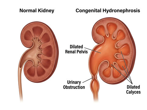 Comparison of normal kidney and congenital hydronephrosis isolated on white background