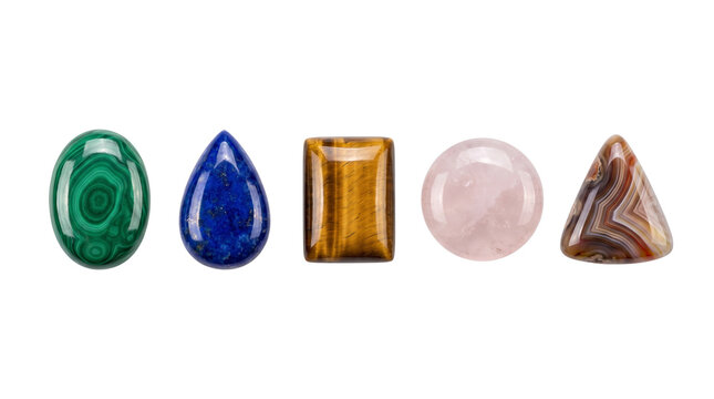 five polished gemstone cabochons isolated on transparent background png