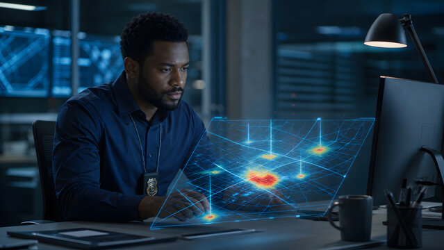 Detective analyzing holographic crime heatmap data while sitting at dark office desk during late night investigation